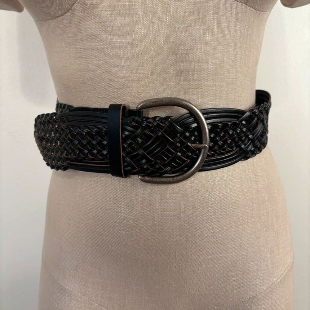 Women's Black Woven Braided Wide Belt Silver Buckle Extra Small XS